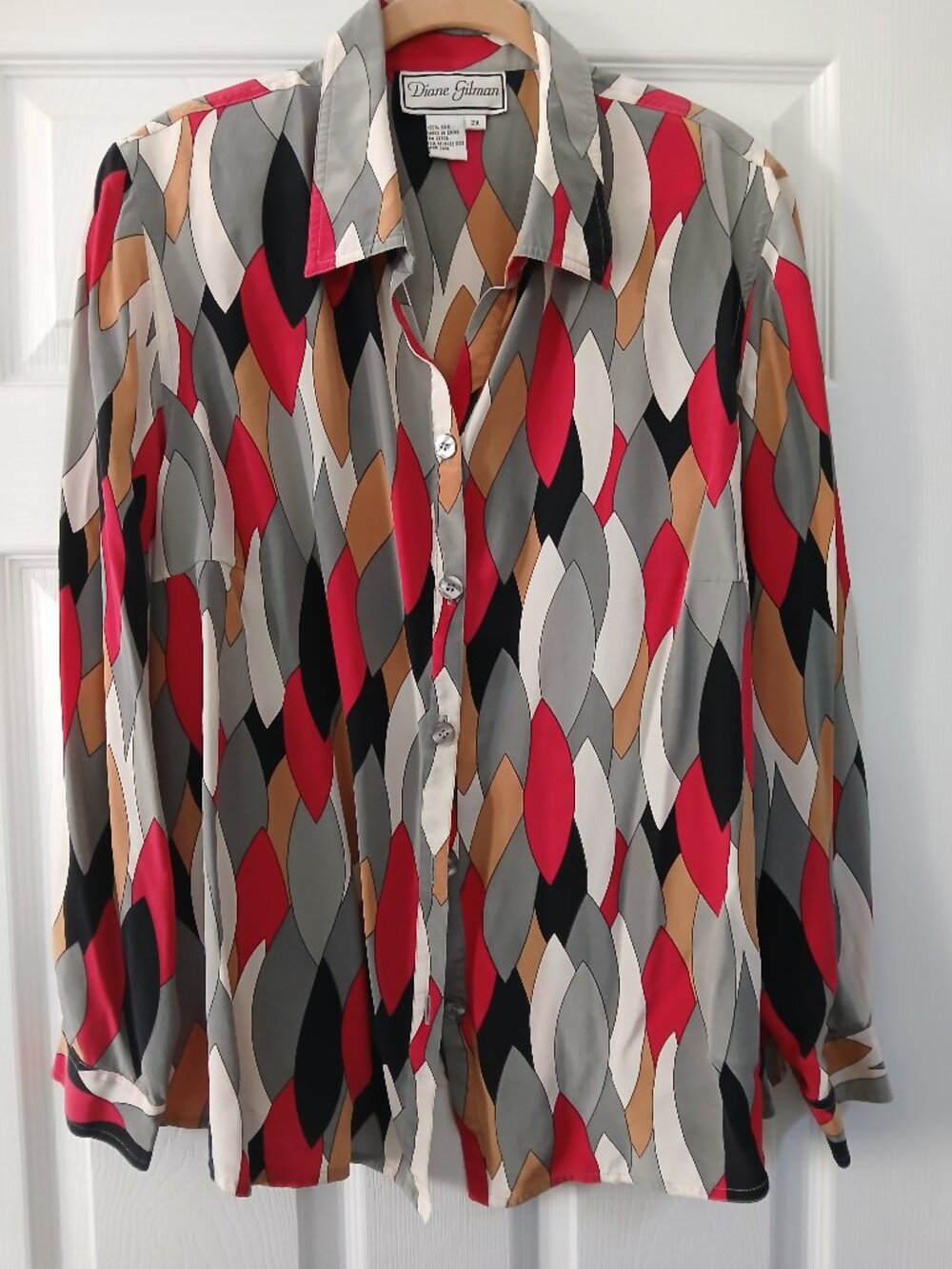 Diane Gilman 100% Silk Geometric Abstract Print Button-Down Blouse